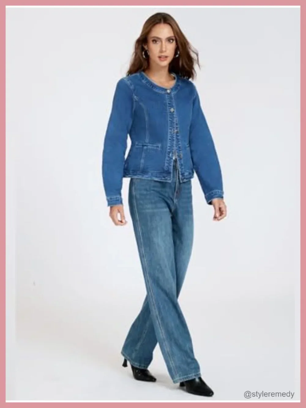 Lightweight Stretch Slim Fit Collarless Cropped Denim Jean Jacket Womens